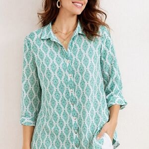 Chico’s 100% Linen No Iron Green  Tunic Shirt Size 2 Resort Wear Block Print Top